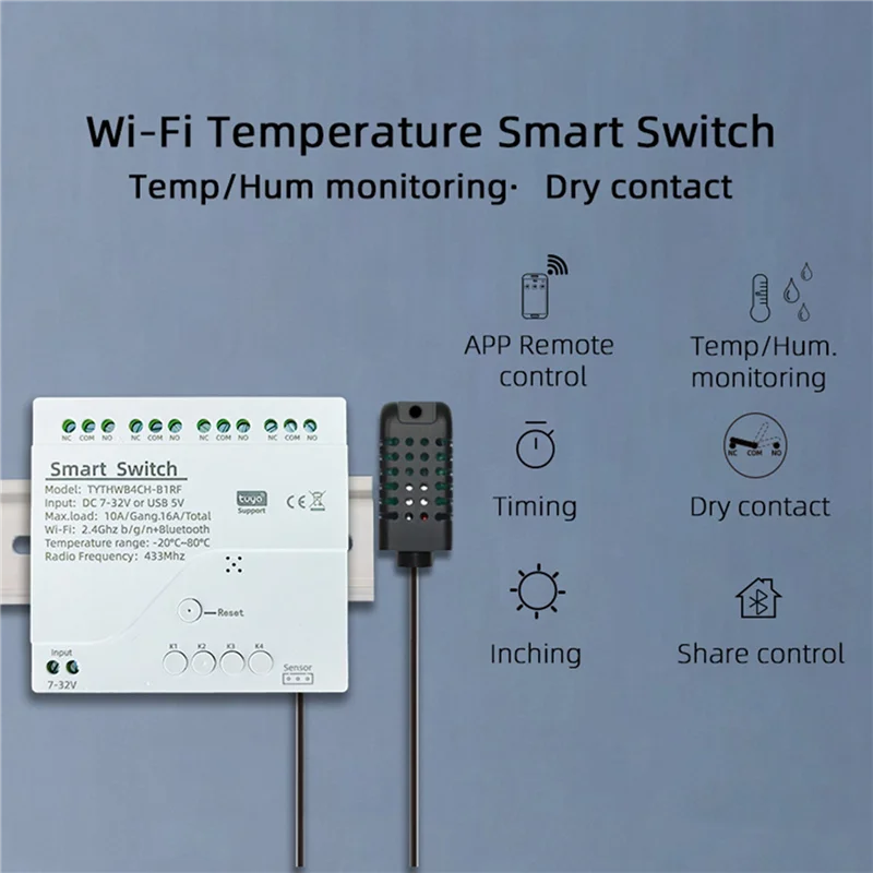 

A29F-Tuya Wi-Fi 4-канальный умный переключатель с датчиком температуры и влажности, пассивный сухой контактный переключатель для Alexa Alice