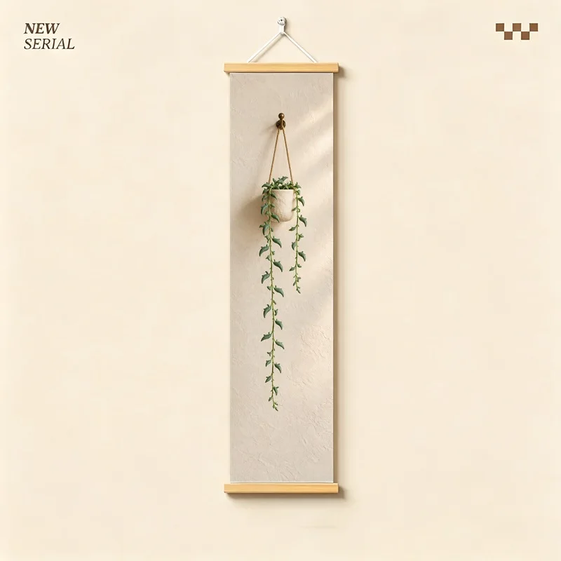Trailing Plant Wall Art 4-Panel Green Vine Pot Hanging Scroll Set on Beige Silver Shimmer Canvas for Cozy Sunroom Decor