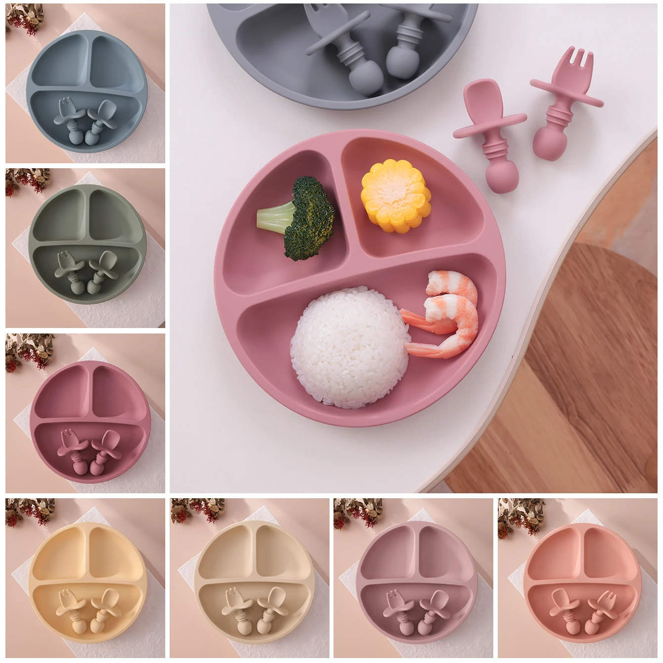 Color Kids 3PCS BPA Free Silicone Baby Plate Suction Smile Face Dish Set Toddler Training Spoon Fork Kids Feeding Tableware