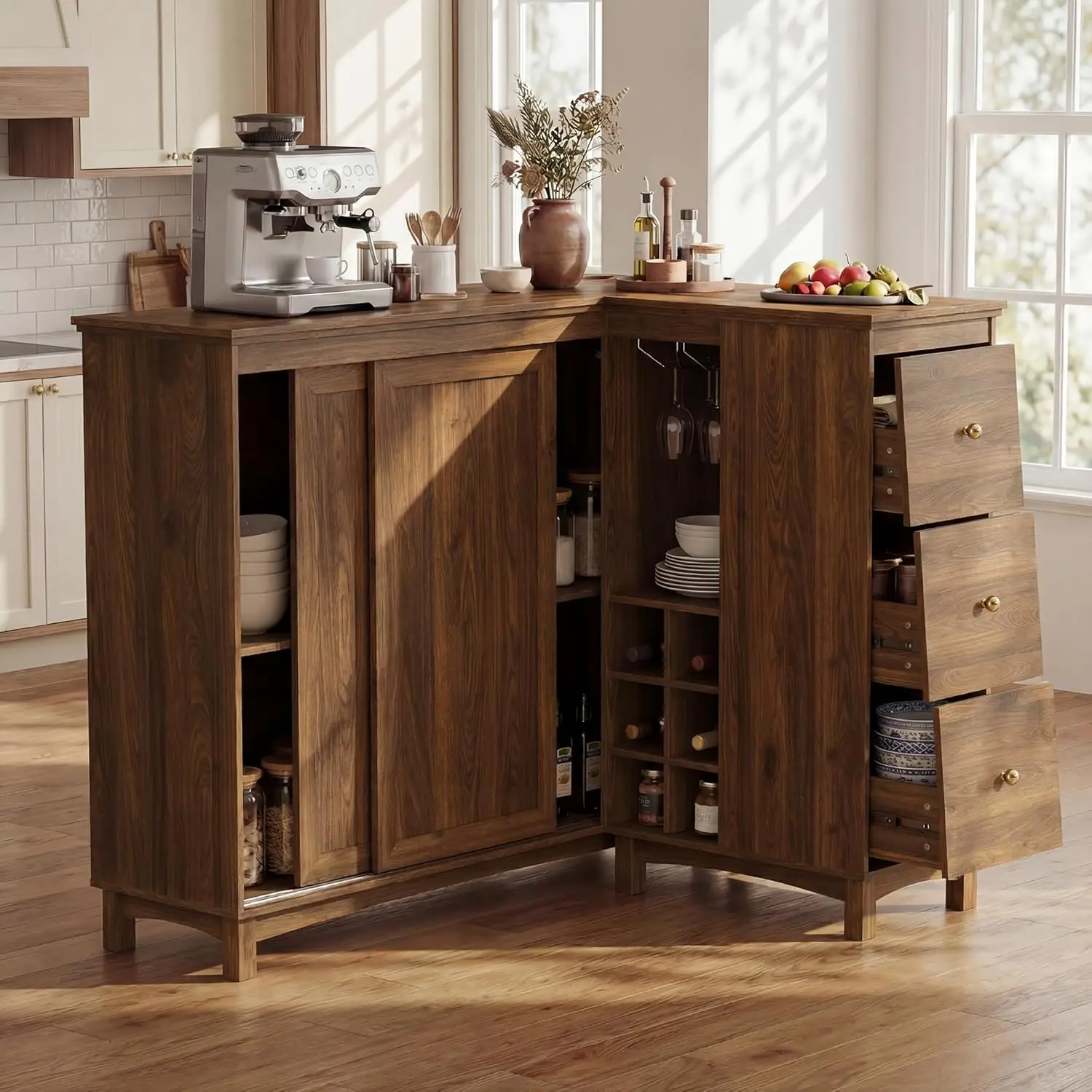 

Corner Bar Cabinet with Charging Station, Corner Coffee Bar Station with Storage Drawers, L-Shaped Bar Table with Wine Rack & Gl