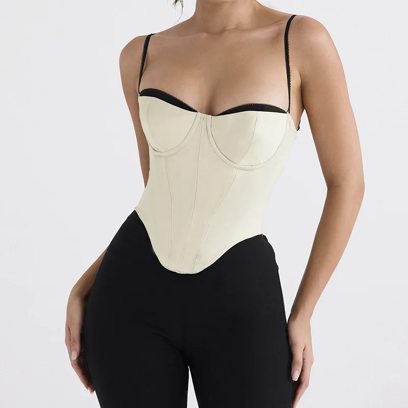 Толстый атласный корсет-бюстье, укороченный топ с подушечками на груди, белый облегающий топ, летние женские топы с рыбьей косточкой