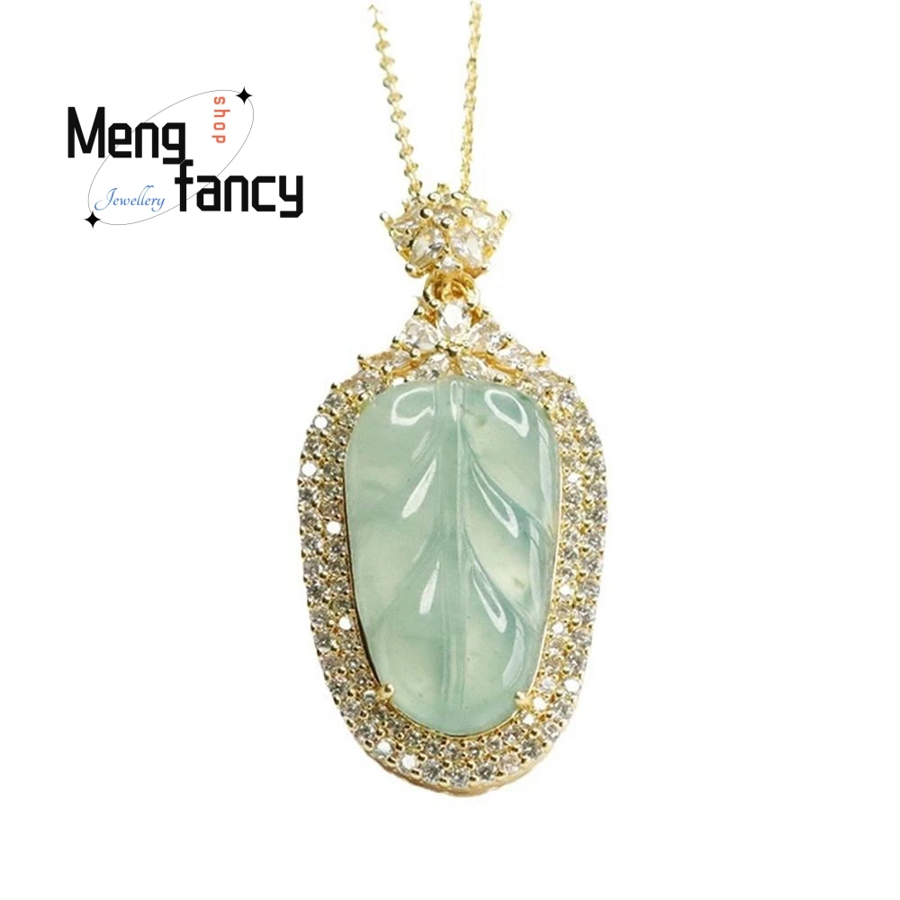 Natural A-goods Jadeite Blue Water Ice Leaf Pendant Exquisite Elegant Simple High-grade Luxury Quality Fine Jewelry Holiday Gift
