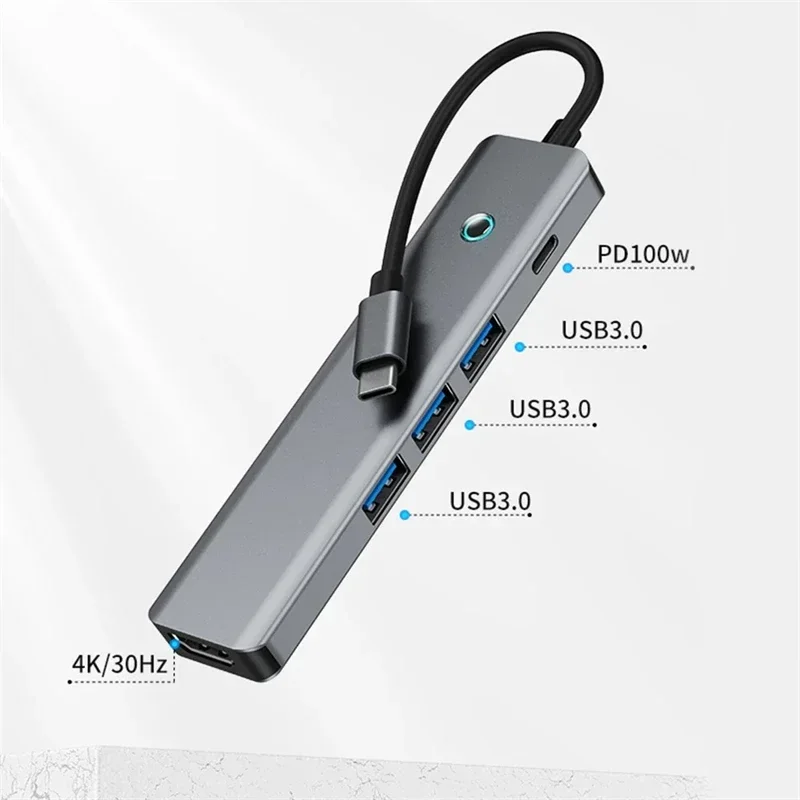 5 in 1 Type‑C Docking Station Multiport USB‑C Hub Adapter with Screen‑Off Physical Button PD Charging HDMI 4K Output USB3.0 Dock