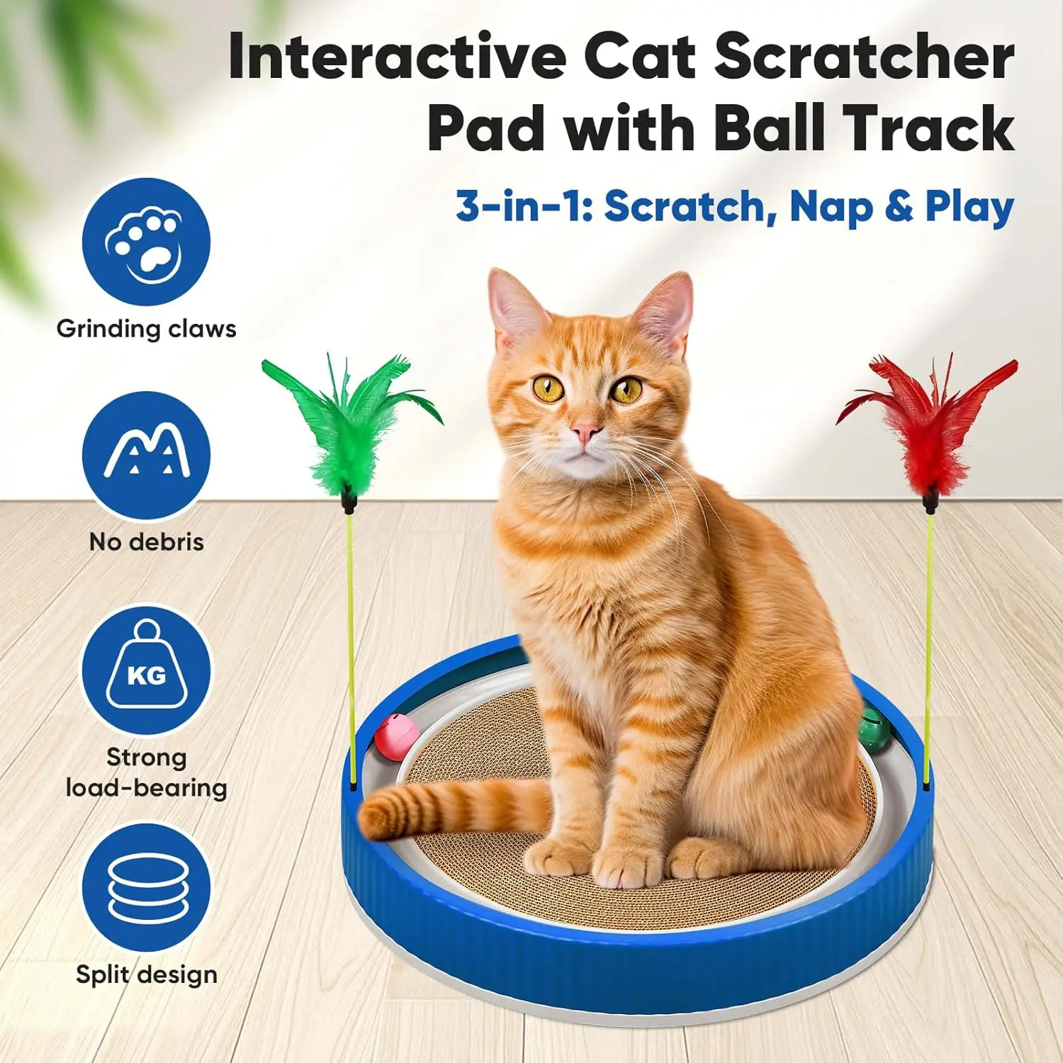 20-Inch Round Cat Scratcher with Ball Track – 3-in-1 Cardboard Scratching Pad with Feather Toy & Non-Slip Base