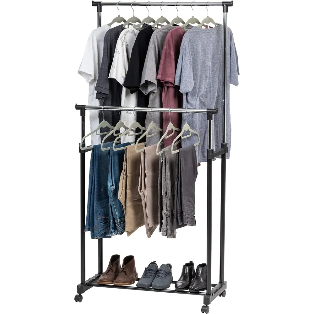 

Portable Double-Rod Height Adjustable Clothes Rack with Lockable Wheels, Rolling Garment, Double Rod Wardrobe Rack