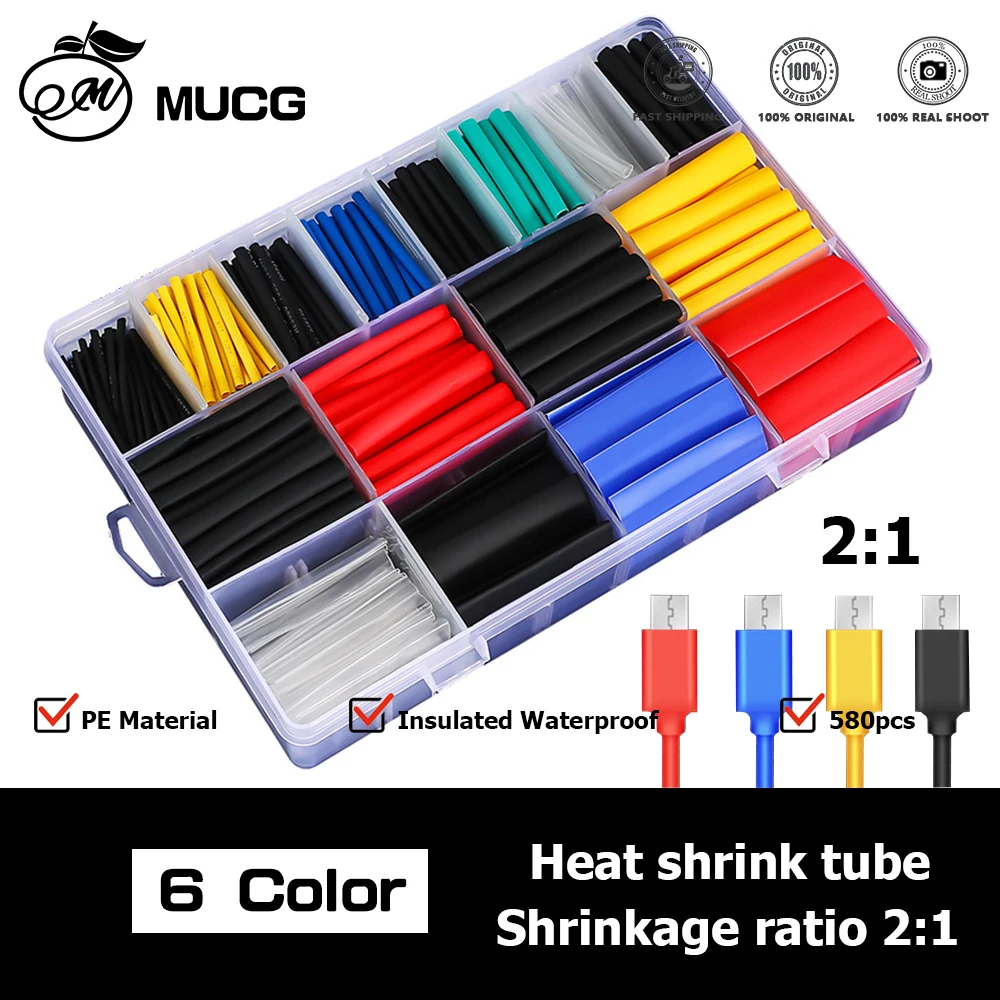 580pcs Boxs 2:1 Heat Shrink Tube Thermal Shrinkage Heat-shrink Tubing PE Material Insulation Sleeve For phone Wire Cable Protect