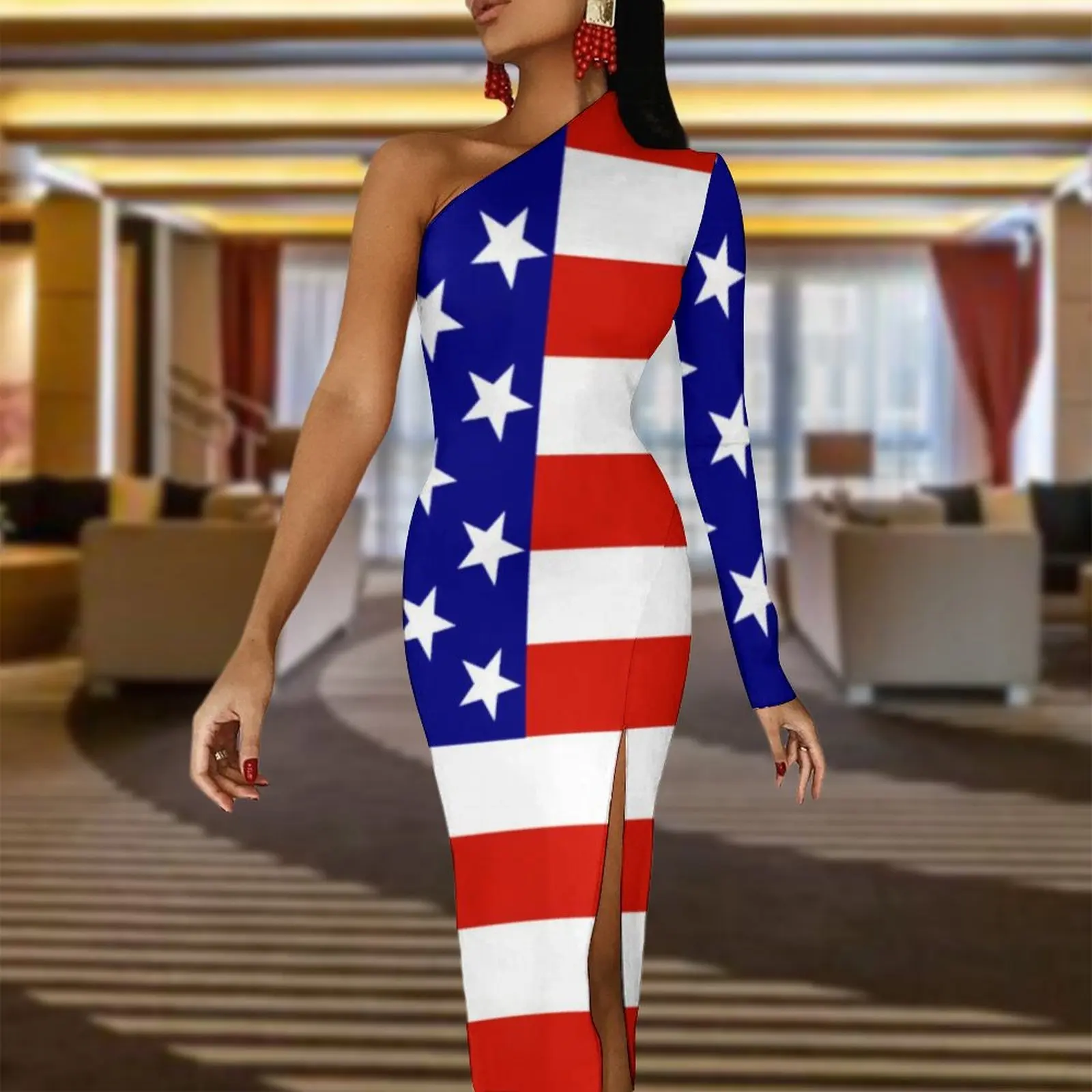 USA Flag Print Maxi Dress Long Sleeve Blue Stars Stripes Streetwear Bodycon Dresses Summer Side Split Cute Dress Women Clothes