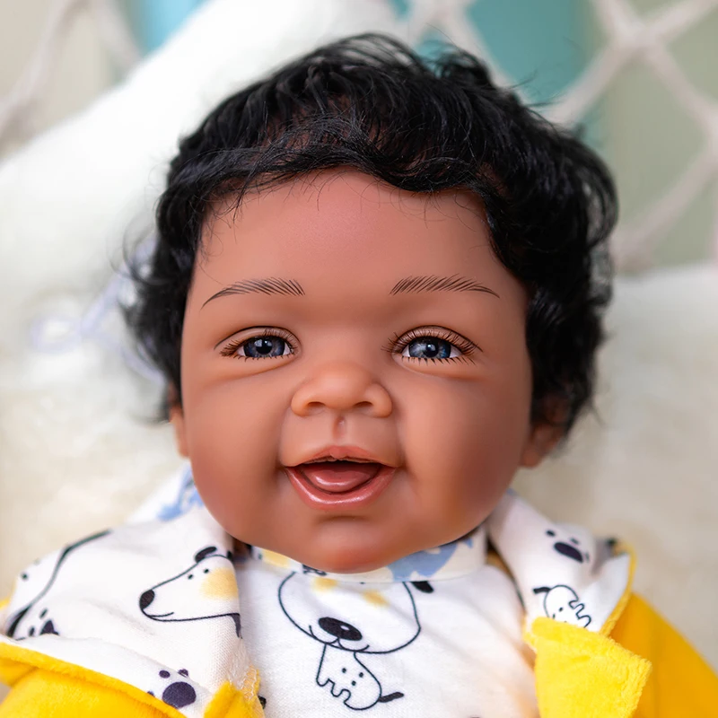 48CM Reborn Toddler Dark Brown Complexion Full Body Silicone Soft Body African American Baby Girl Doll Hand Hair