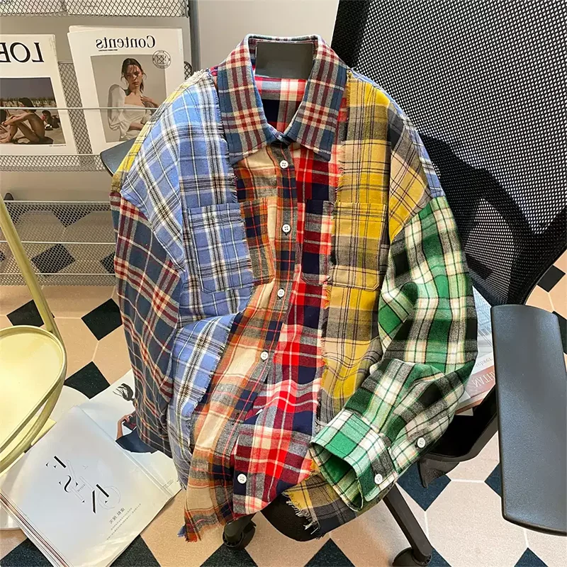 Women's Collar Grid Splicing Shirt Long Sleeved Y2K American Streetwear Aesthetic College 2000s Retro Top Shirt 2024 Clothing