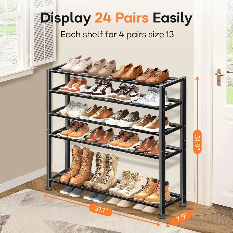 5-Tier Heavy Duty Shoe Rack for Garage Entryway, Stackable Shoe Organizer for 25 Pairs Men Boots