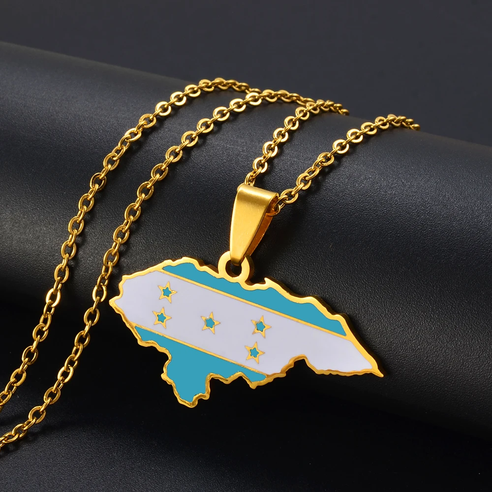 Anniyo NEW LIGHT BLUE Honduras Map Flag Pendant Necklaces for Women Men Honduran Stainless Steel Jewelry @@299621