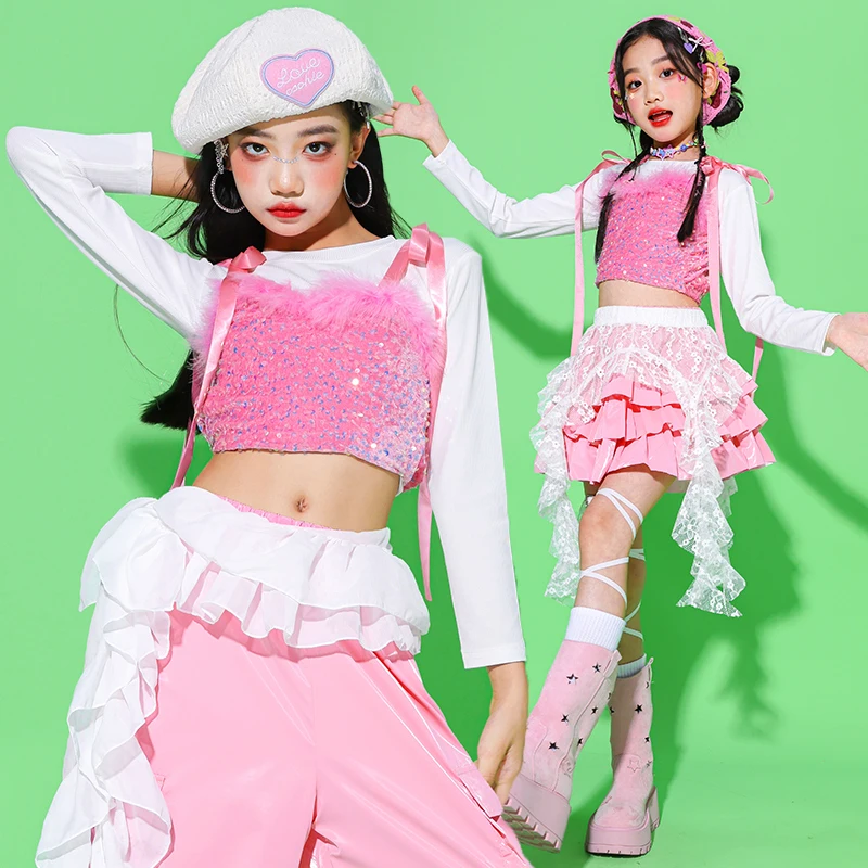 

Костюм для джазового танца для девочек, сценический наряд для шоу Kpop, белый, розовый костюм для выступлений, жилет с блестками, юбка-торт, детская модная уличная одежда 4975