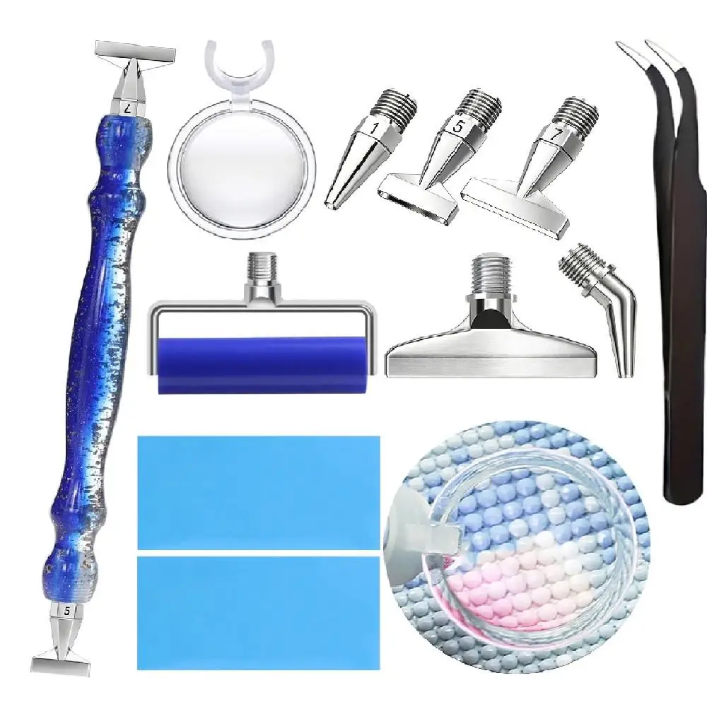 Diamond Painting Pen Set, Includes 5 Screw-On Stainless Steel Drill Bit Tips, Roller Tool, Magnifying Glass, Putty Wax, Tweezers, Adult DIY Art Nail Art Diamond Painting Bead Dotting Pen