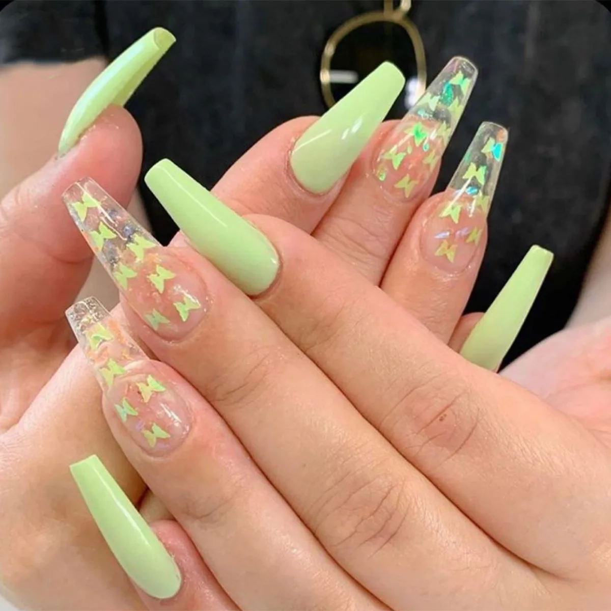 24pcs Sky Blue Clouds Long Ballet False Nails Art Seamless Removable Fake Nails Set Finished Reusable Press On Nail With Designs