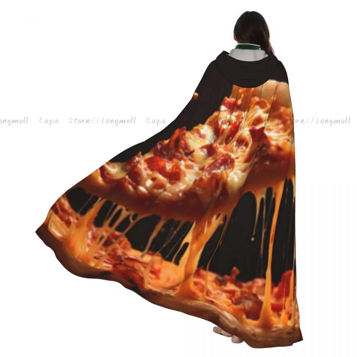 

Adult Vampire Cape Hooded Robe Slice Of Pizza With Flying Ingredients Halloween Cloak Full Length Cosplay