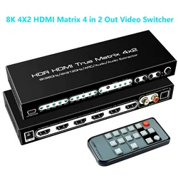 8K 4X2 HDMI 2.1 Matrix 4 in 2 Out Video Switcher Splitter +Optical &  Audio Output,Support 4K@120Hz HDR10 HDCP2.3 Dolby Vision ﻿