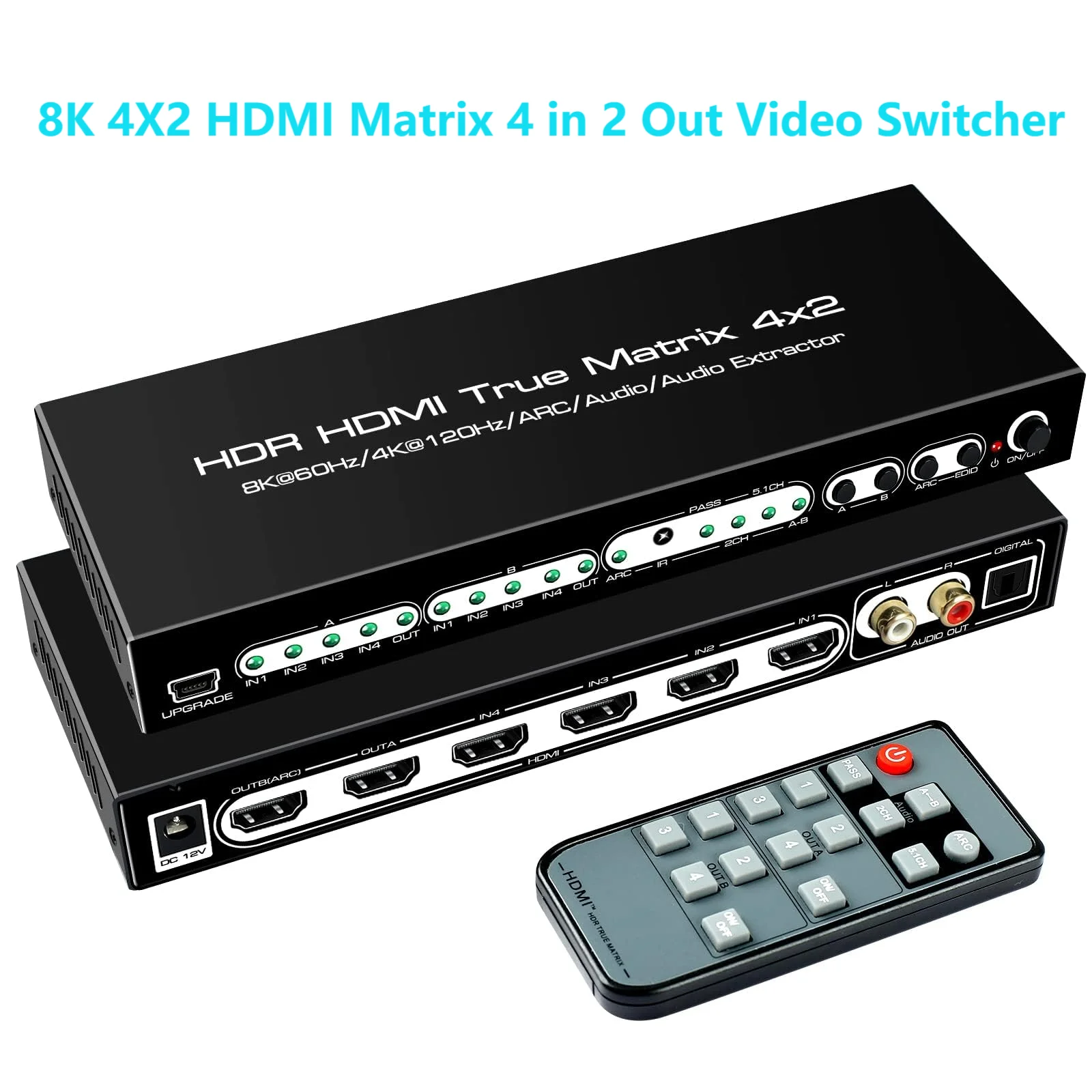 8K 4X2 HDMI 2.1 Matrix 4 in 2 Out Video Switcher Splitter +Optical &  Audio Output,Support 4K@120Hz HDR10 HDCP2.3 Dolby Vision ﻿