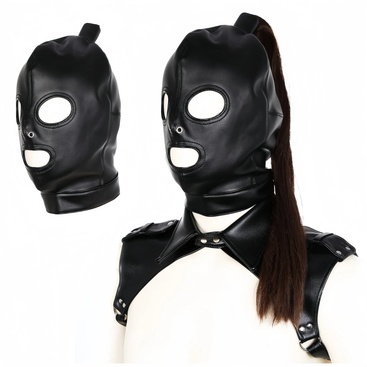 Unisex Steampunk Leather Mask with Hair Ponytail Sexy Cosplay Accessory Adjustable Chest Belt Headgear for Rave Festival Outfit