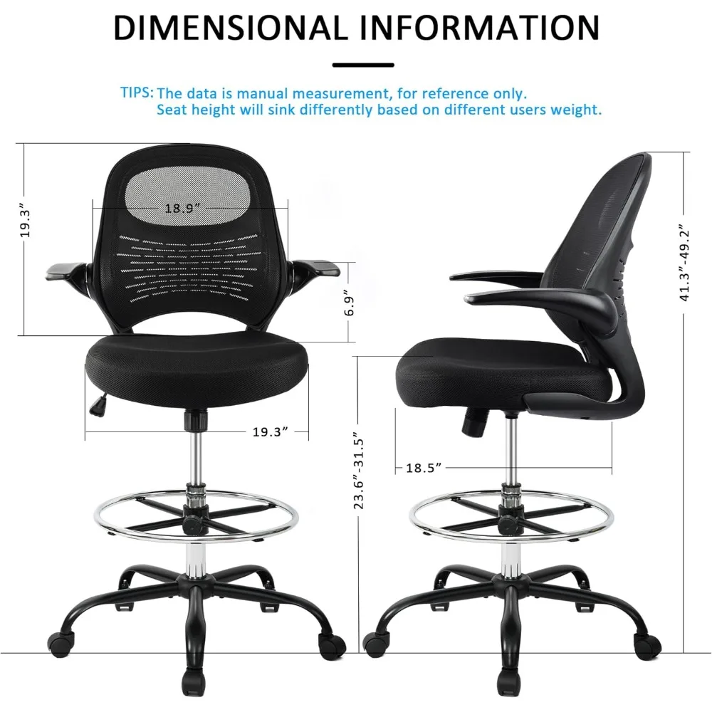 Office Chair, Suitable for High Standing Desks and Drawing Tables, with Foldable Armrests and Adjustable Ankle Loops, Black