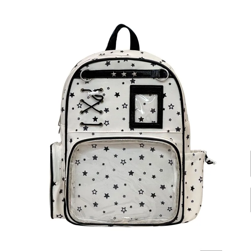 Star-Printed Cute Backpack Middle Students School Bags Transparent Pockets Pain Bag Girls Kawaii Rucksack Anime Uniform Y2K Bags
