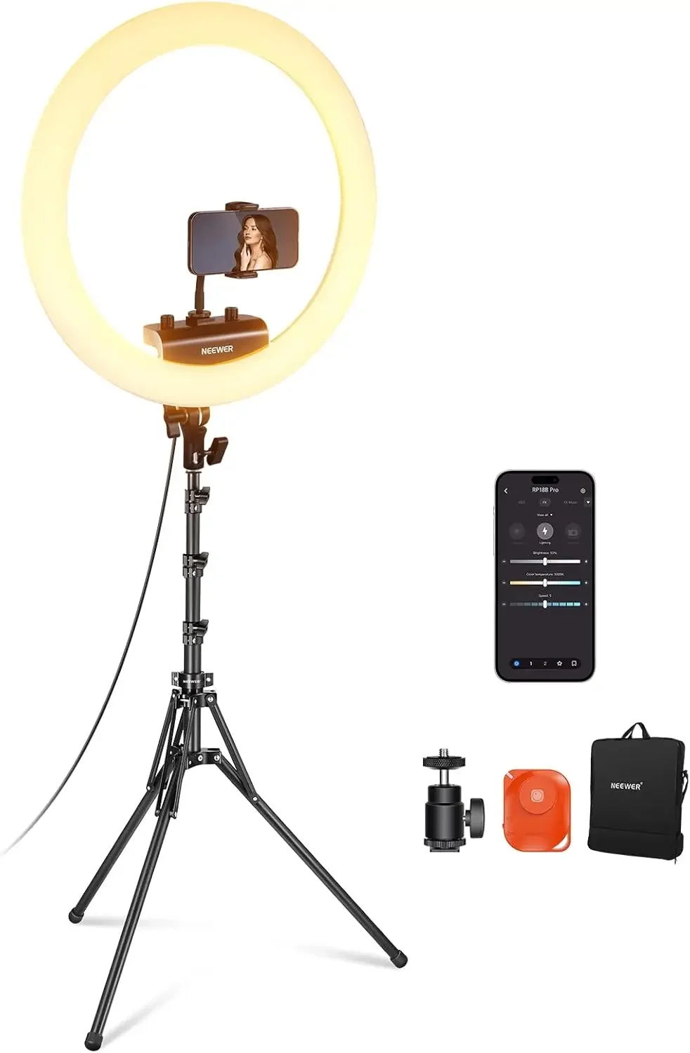 18 inch Ring Light with Tripod Stand and Phone Holder, Ultra Thin Video Ringlight 2900K-7000K TLCI98 App Control, Softer Lightin