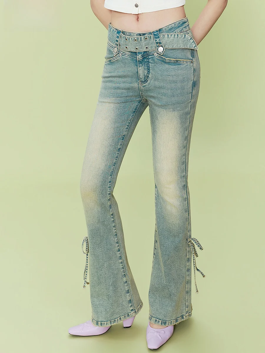 

Low Waist Bell Bottom Denim Jeans Women's Summer New Style Worn Washed Hole Design Slimming Long Pants Fashion Commute Style