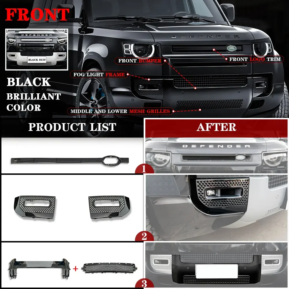 9PCS All Glossy Black Front Rear Bumper Cover Trims Set Body Kit For Land Rover Defender 110 90 2020 2023