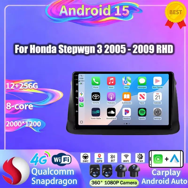 Android 15 Wireless Carplay Auto For Honda Stepwgn 3 2005 2006 2007 2008 2009 RHD GPS Multimedia Video Player Navigation Stereo