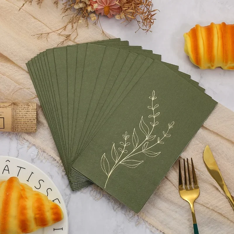 20pcs 33 * 40cm 2Layer Laurel Leaf Gold-stamped Long Napkins Rectangular Green Solid Color Paper Placemats DIY Decoupage Paper