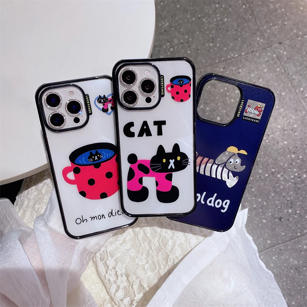 

Korean INS Fashion Polka Dot Kitten Phone Case For Phone 12 13 14 15 16 Pro Max Fundas Shockproof Cute Puppy Protective Cover