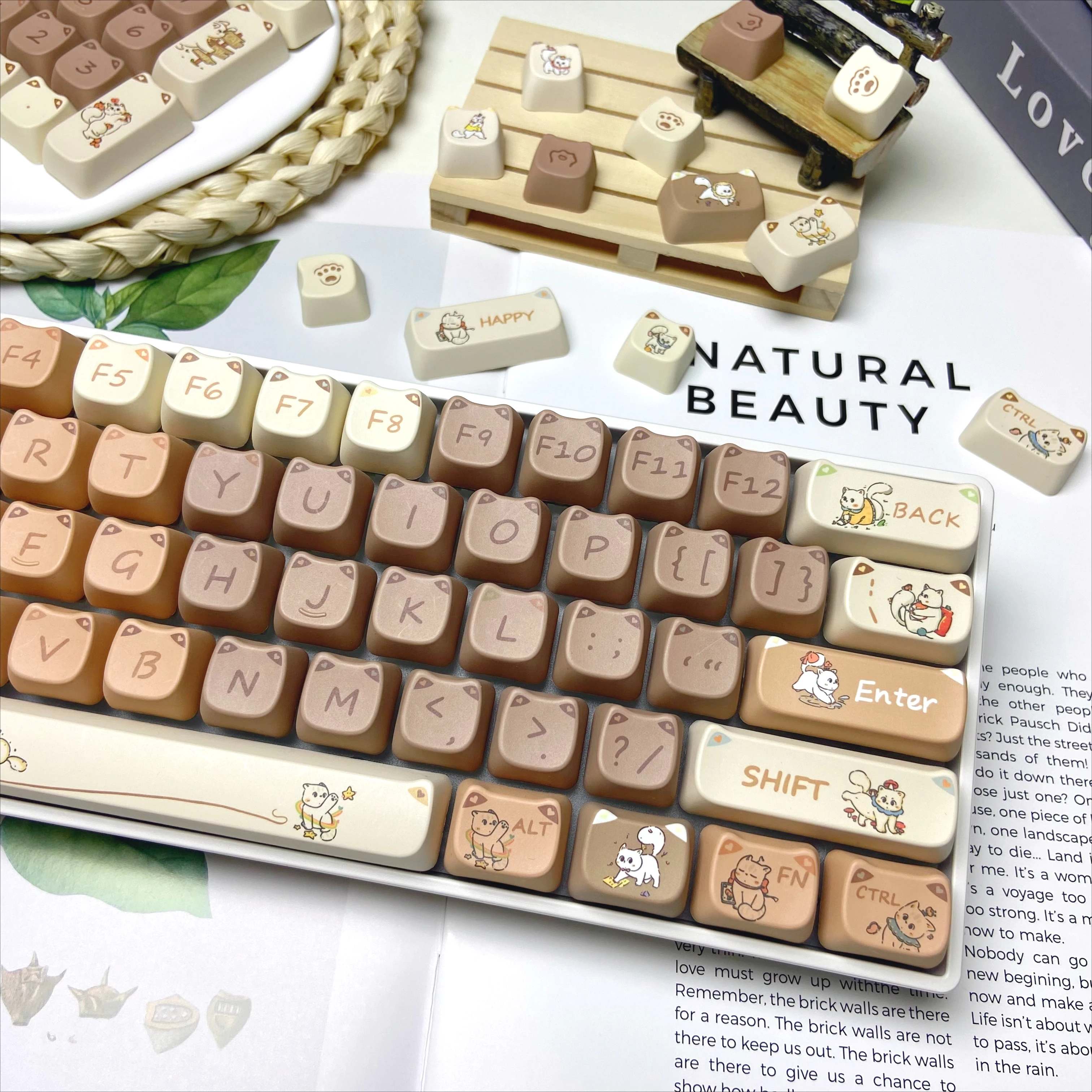 Naughty Cat Tastenkappen, braun, niedliche Tastenkappen, individuell für mechanische Tastatur, MAO-Profil, Ersatzkappe für Tastatur, DIY 68, 75, 108,
