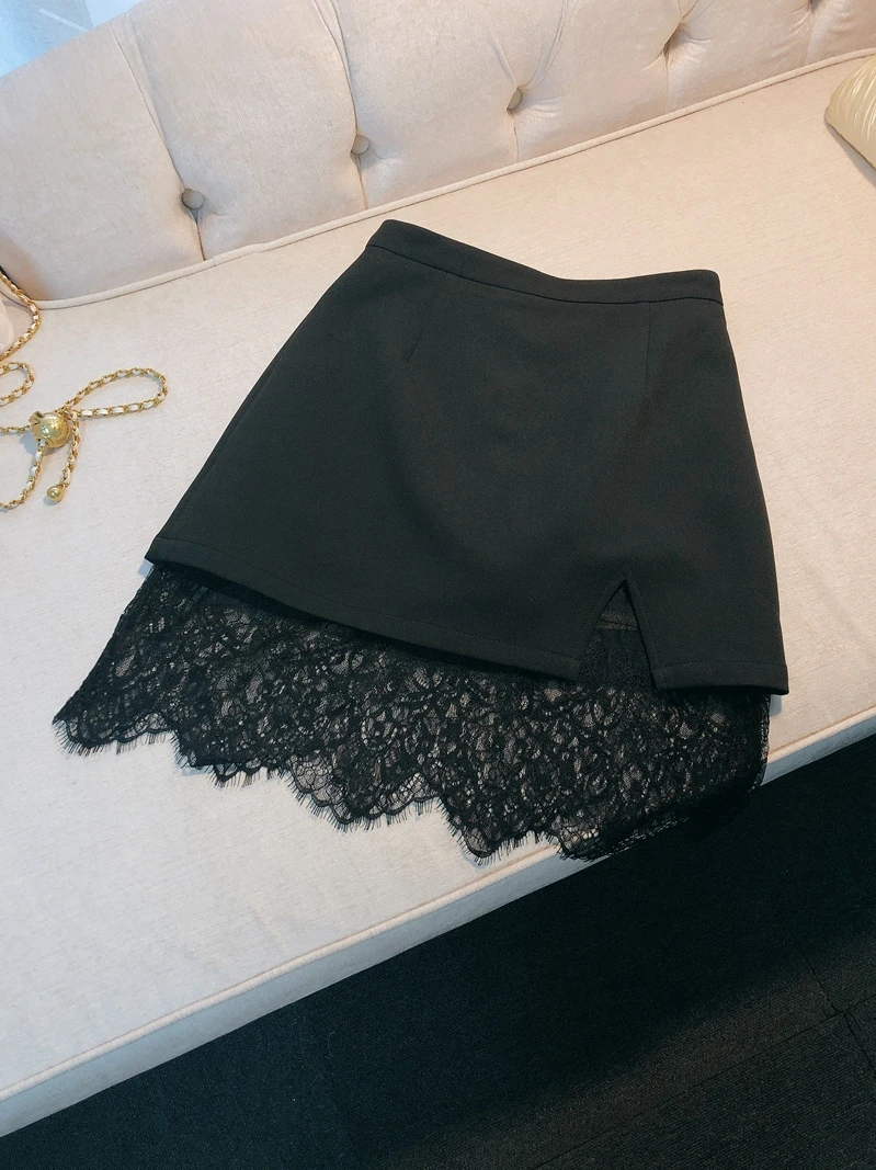

Sexy Lace Splice A-Line Skirt High Waist Slimming Versatile Ele f-length Skirt Pants ort Skirt Design Sense