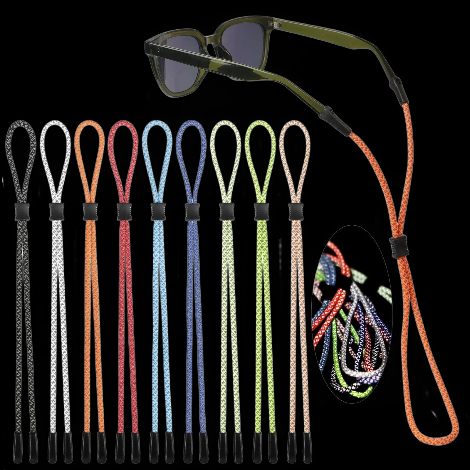 

10 шт. ремешки для очков, светоотражающие универсальные ремни с двумя отверстиями для очков и солнцезащитных очков — надежная фиксация для ночного бега, ночного спорта