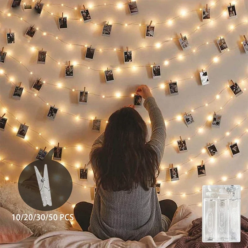 1Pc  Photo Clips String Light With 10/20/30/50 Clear Clips Fairy Lights  Bedroom Wall Hanging Pictures Cards Party Decor