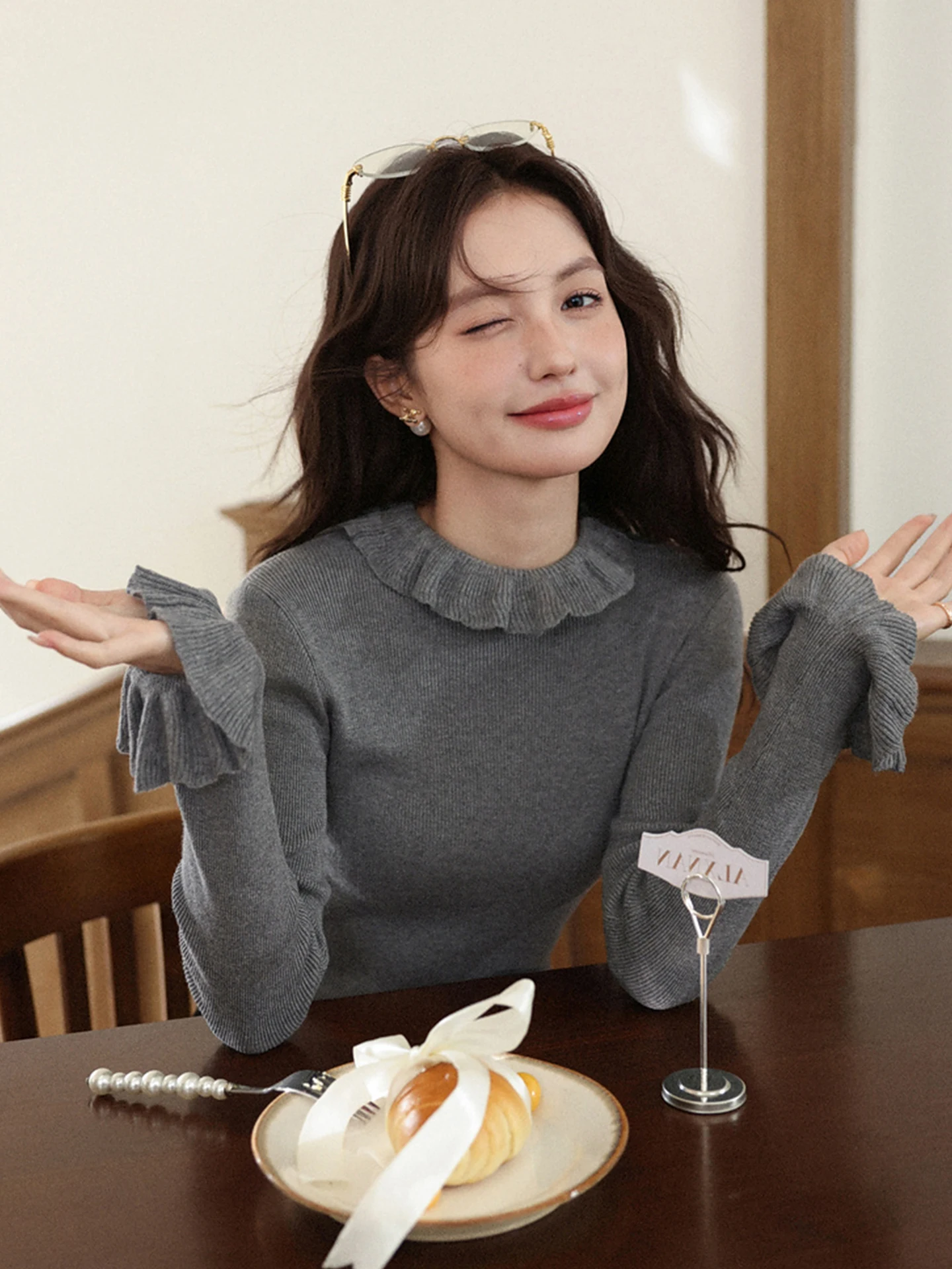 

Ele Pure Color Трикотаж Long Sve Верхняя женская база irt Корейский Sle Универсальный осенне-зимний дизайн для поездок на работу