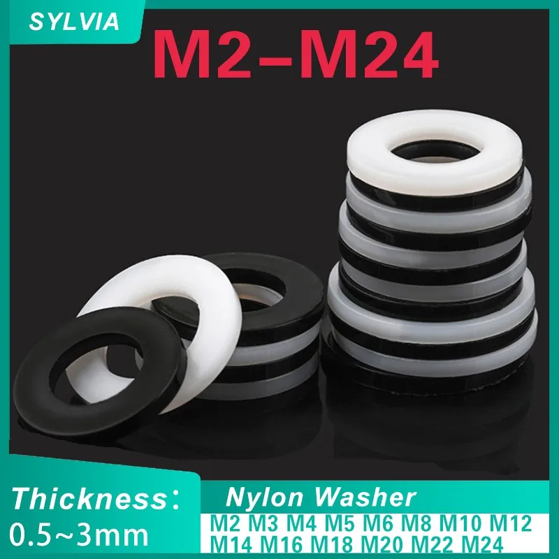 White/ Black Plastic Nylon Flat Washer Plane Spacer M2 M2.5 M3 M4 M5 M6 M8 M10 M12~ M24 Insulation Gasket Ring For Screw 0.5~3mm