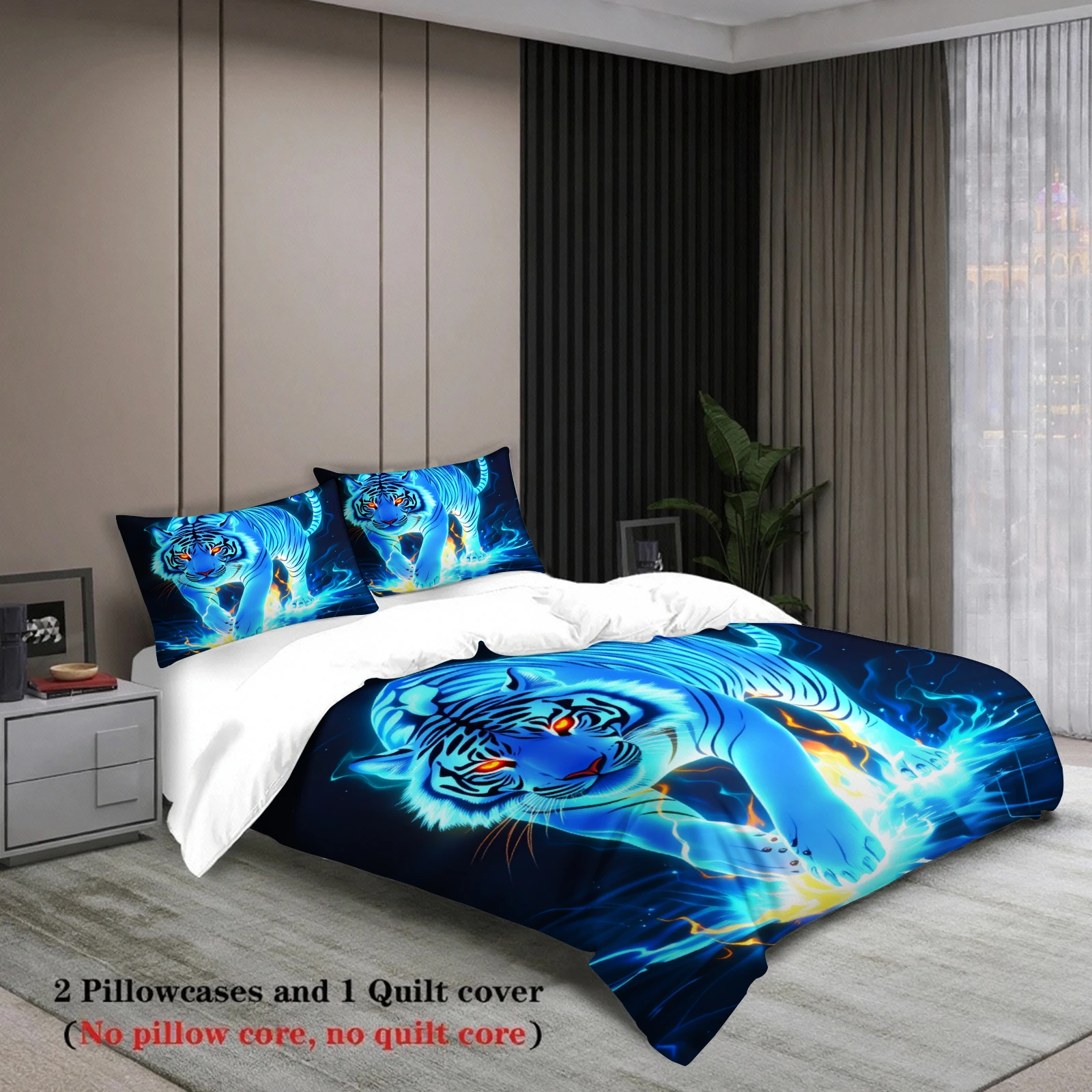 3pcs Tiger Bedding Sets 3D Printed Blue Flame Tiger Breathable Easy Care Duvet Cover Sets With Pillowcases No Filling