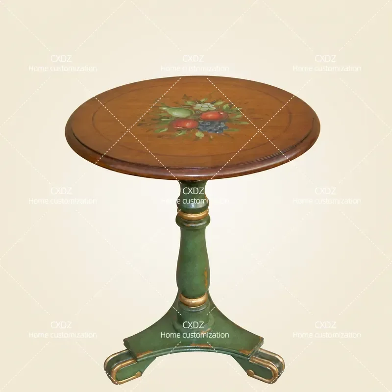 Mediterranean Style Solid Wood Small Round Coffee Table with Telephone Shelf Country Living Room Side Table for Sofa