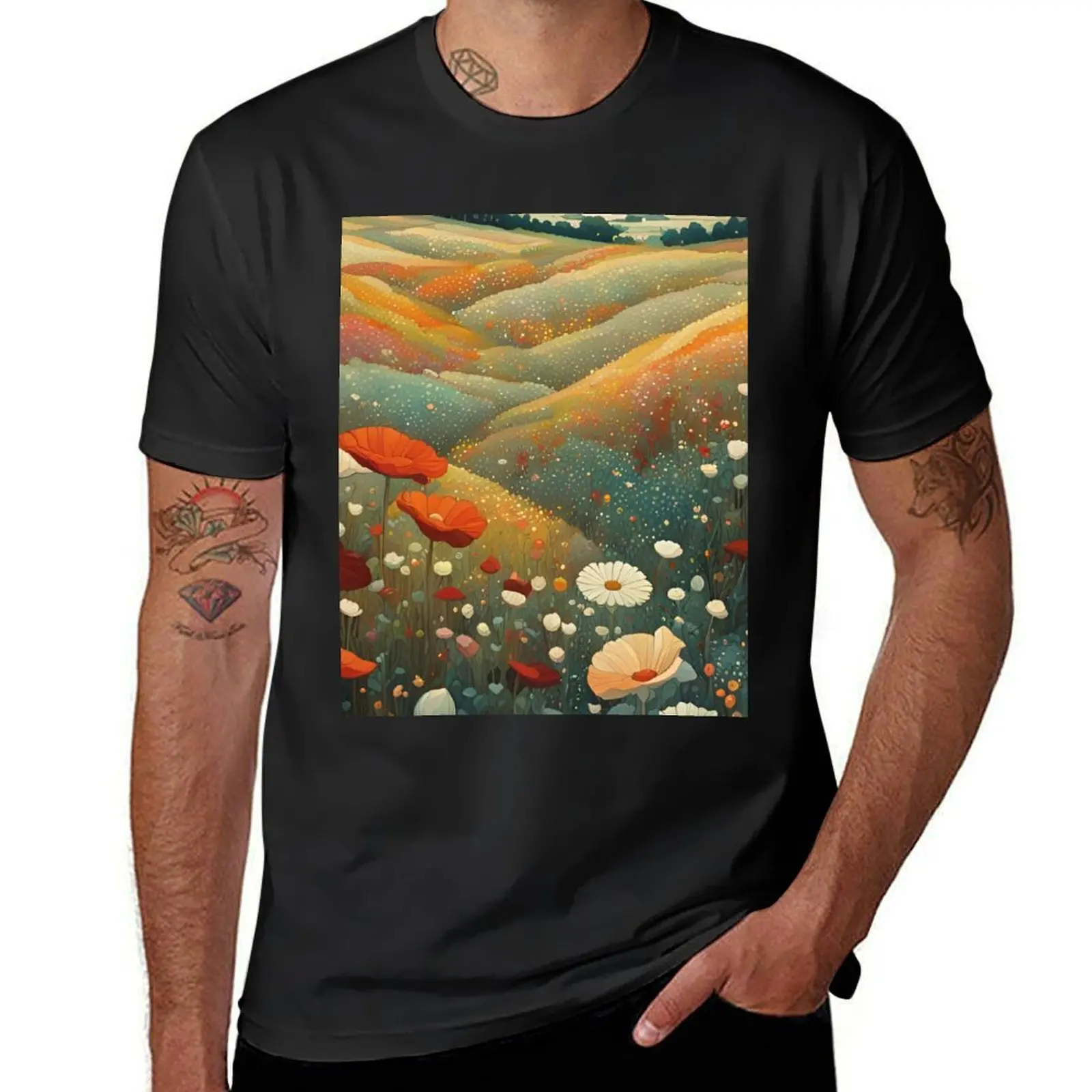 

Field with wildflowers and sunset, T-Shirt blanks boys whites heavyweights mens cotton t shirts