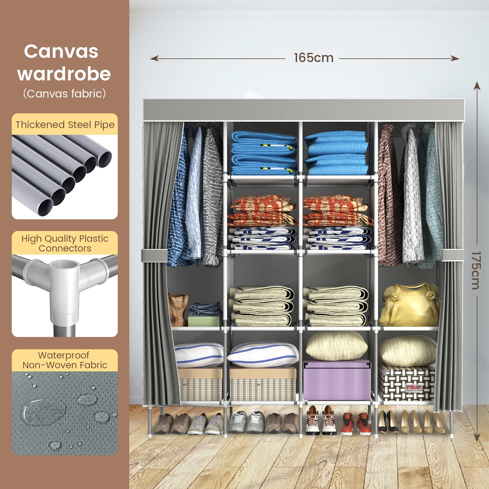 Canvas Wardrobe Portable Closet Wardrobe Clothes Storage with 4 Shelves,With Hanging Rail,Quick and Easy Assembly,Grey