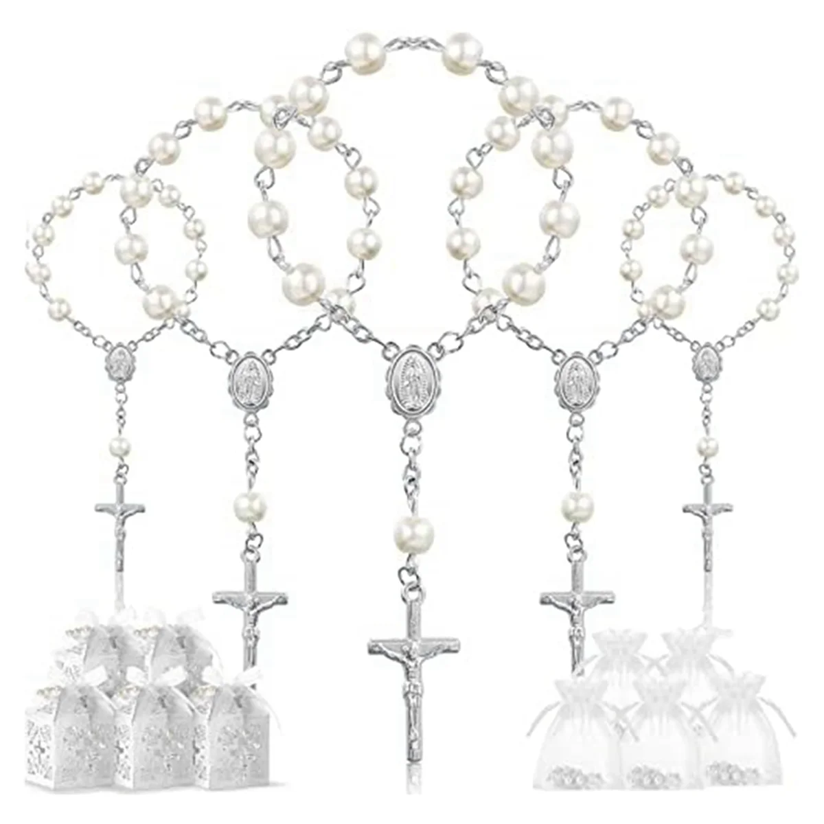 Nuovi 50 confezioni Bomboniere per battesimo Perline per rosario acrilico Perle finte con sacchetti in organza Bomboniera per battesimo Matrimoni Festa