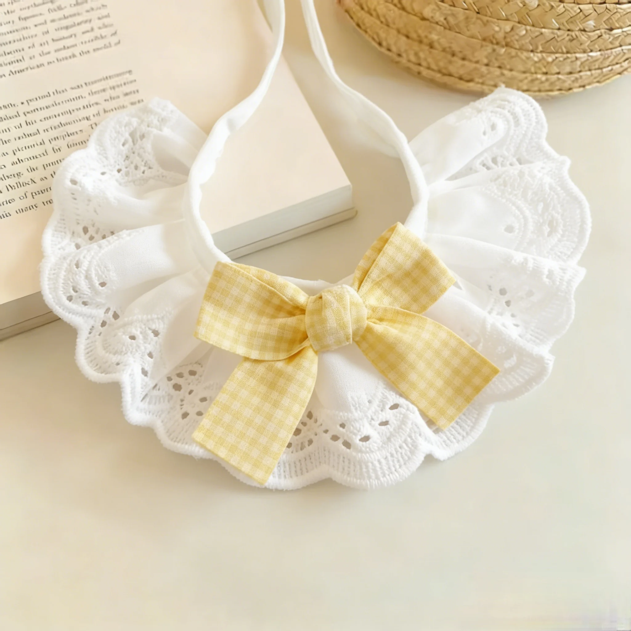 Pet Lace Bib Collar Plaid Bowknot Adjustable Ribbon White Hollow Lace Neckerchief For Cat Dog Birthday Photo Decor