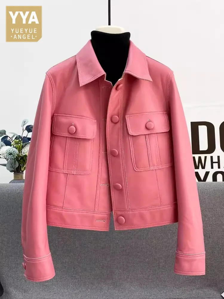 Spring Pink Women Lapel Collar Single Breasted Sheepskin Genuine Leather Jacket Office Lady Casual Coat Motorcycle Biker Jacket