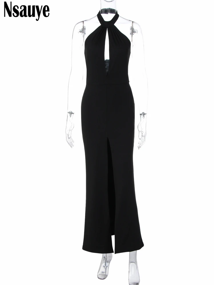 Sukienka damska Nsauye, nowa kolekcja, elegancka, w stylu vintage, czarna, typu halter, długa, z wycięciami, seksowna, na imprezę, do klubu nocnego, wieczorowa, bez pleców.