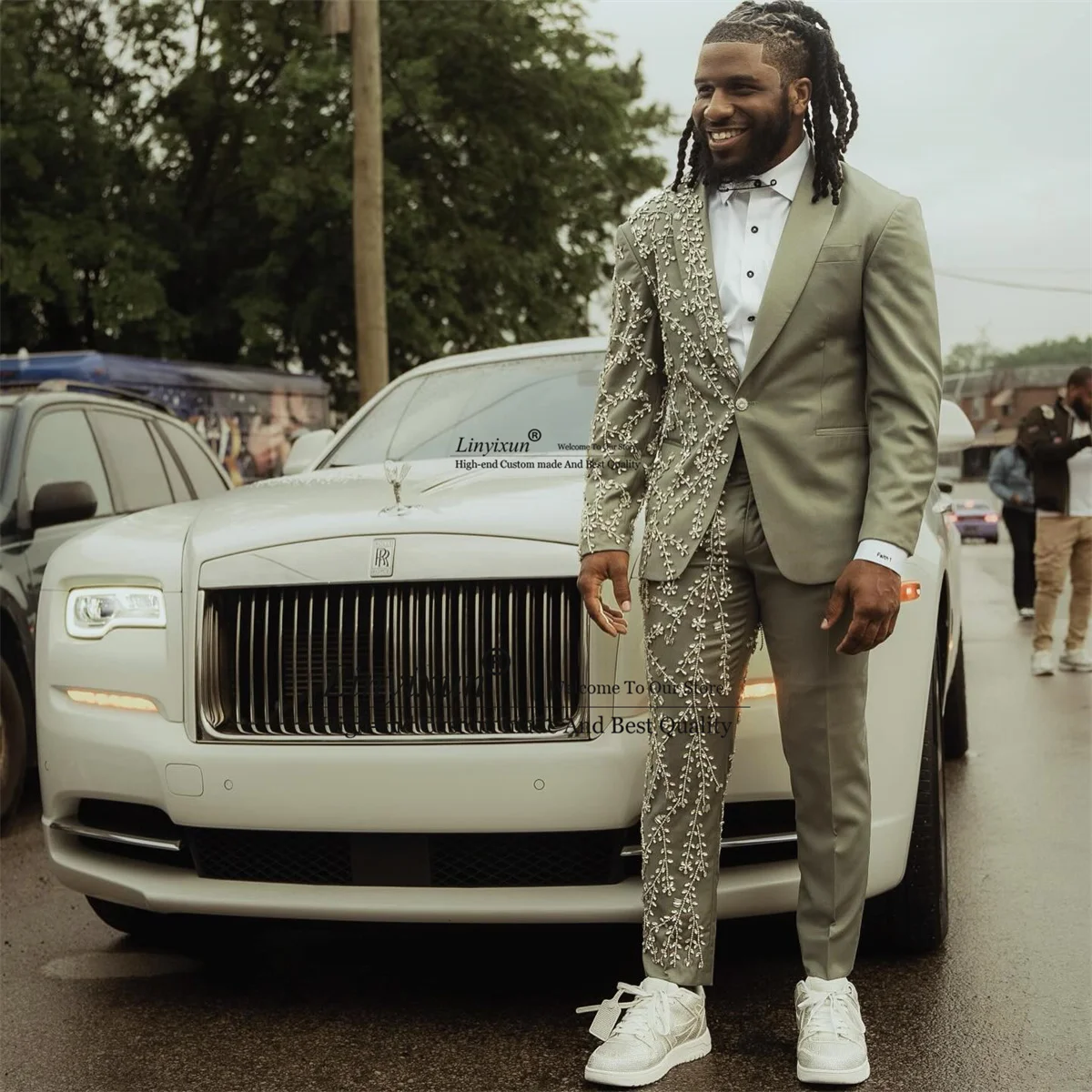 

Luxury Beaded Crystals Gem Tuxedos Men Suits 2 Pieces Sets Male Prom Party Blazers Shawl Lapel Groom Tuxedos Slim Costume Homme