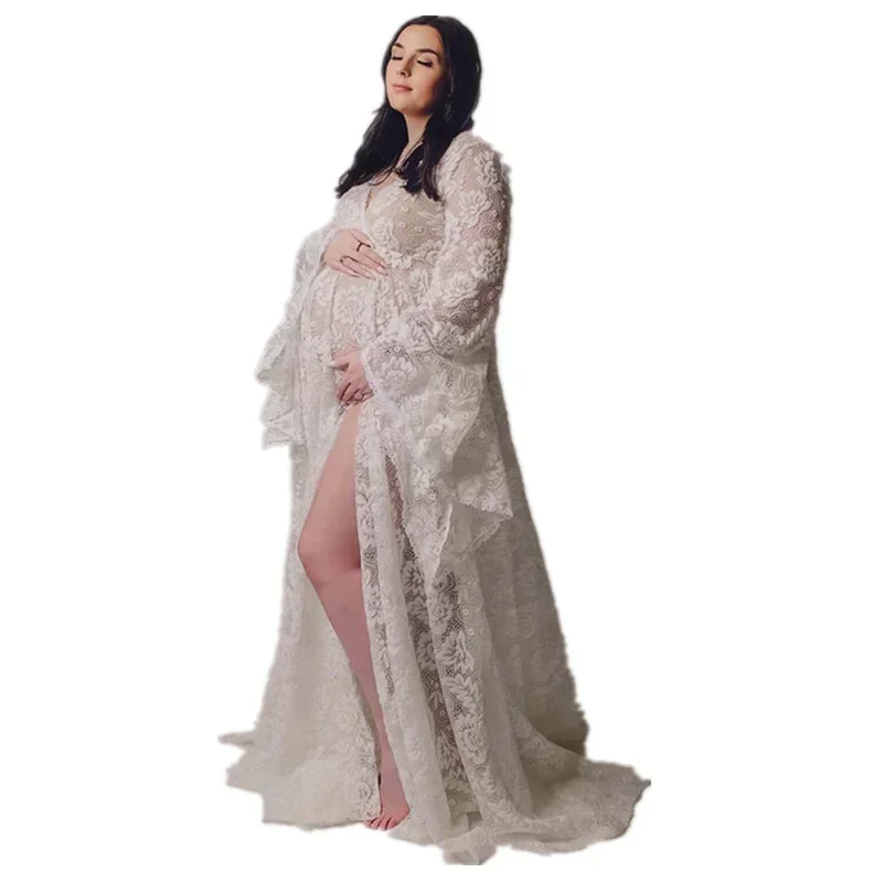 Maternity Lace Dress Pregnancy Photoshoot Dress Long Sleeve Sexy Gown Pregnant Women Photography Clothes Fashion Mopping Dress