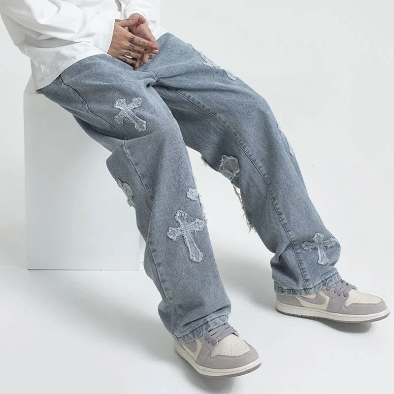 High Street Men Trousers Cross Patch Jeans Hip-hop Handsome Explosive Street Straight Tube Loose Wide Leg Motorcycle Pants