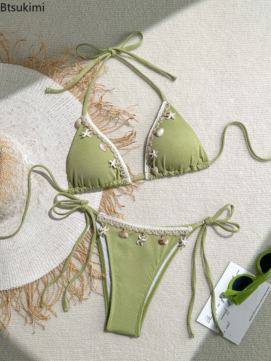 New Sexy Women's Thong Bikini Swimsuit Triangle Cup Hanging Neck Strap Ladies Swimsuit Summer Shell Decoration Ribbed Beach Wear