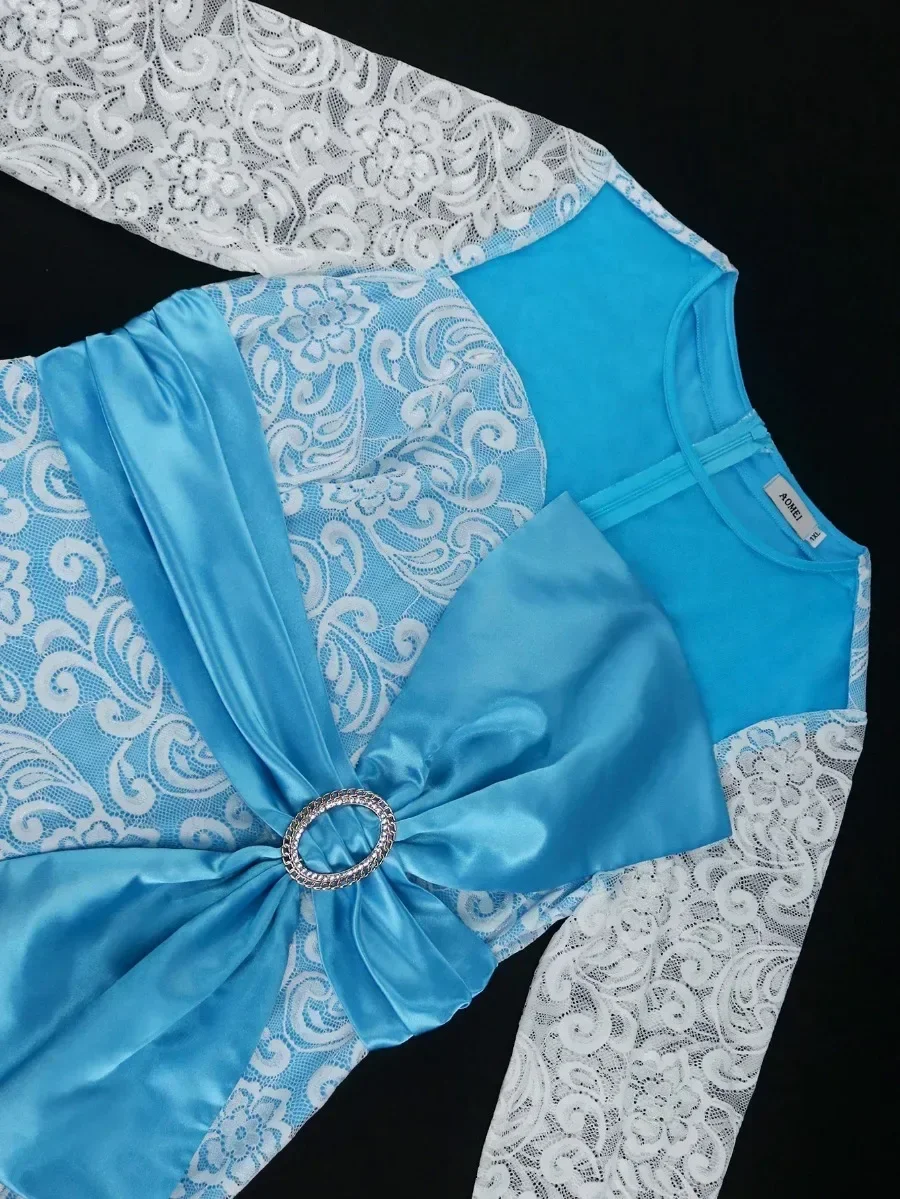 Vestidos Vintage de encaje azul para mujer, vestidos por debajo de la rodilla con cuello redondo y manga larga transparente, pajarita de cintura alta, cóctel de cumpleaños, 2024