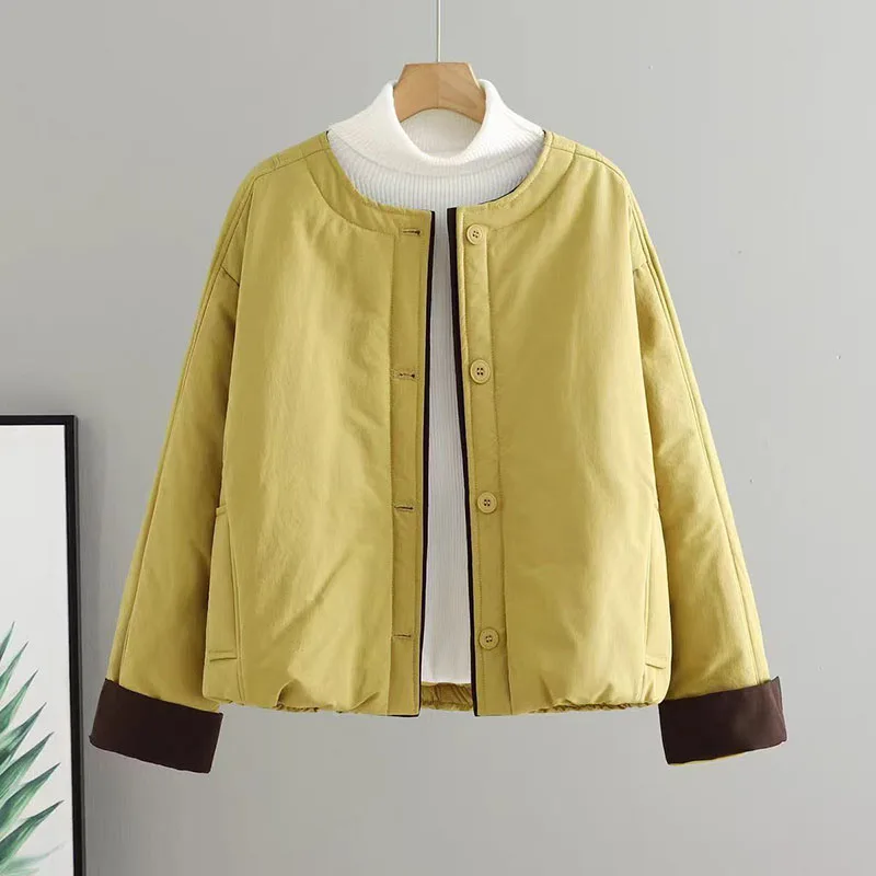 

2026 Autumn Winter New Korean Women Contrast Stitching Coat Cotton-padded Female Short Thin Jacket Short Loose Fashion Overwear